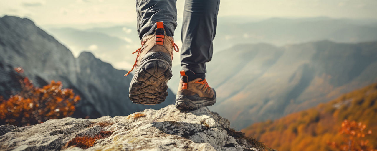 Schuhe eines Bergsteiger auf dem Gipfel