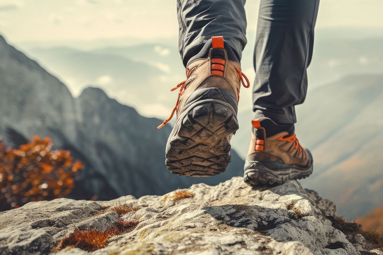Schuhe eines Bergsteiger auf dem Gipfel