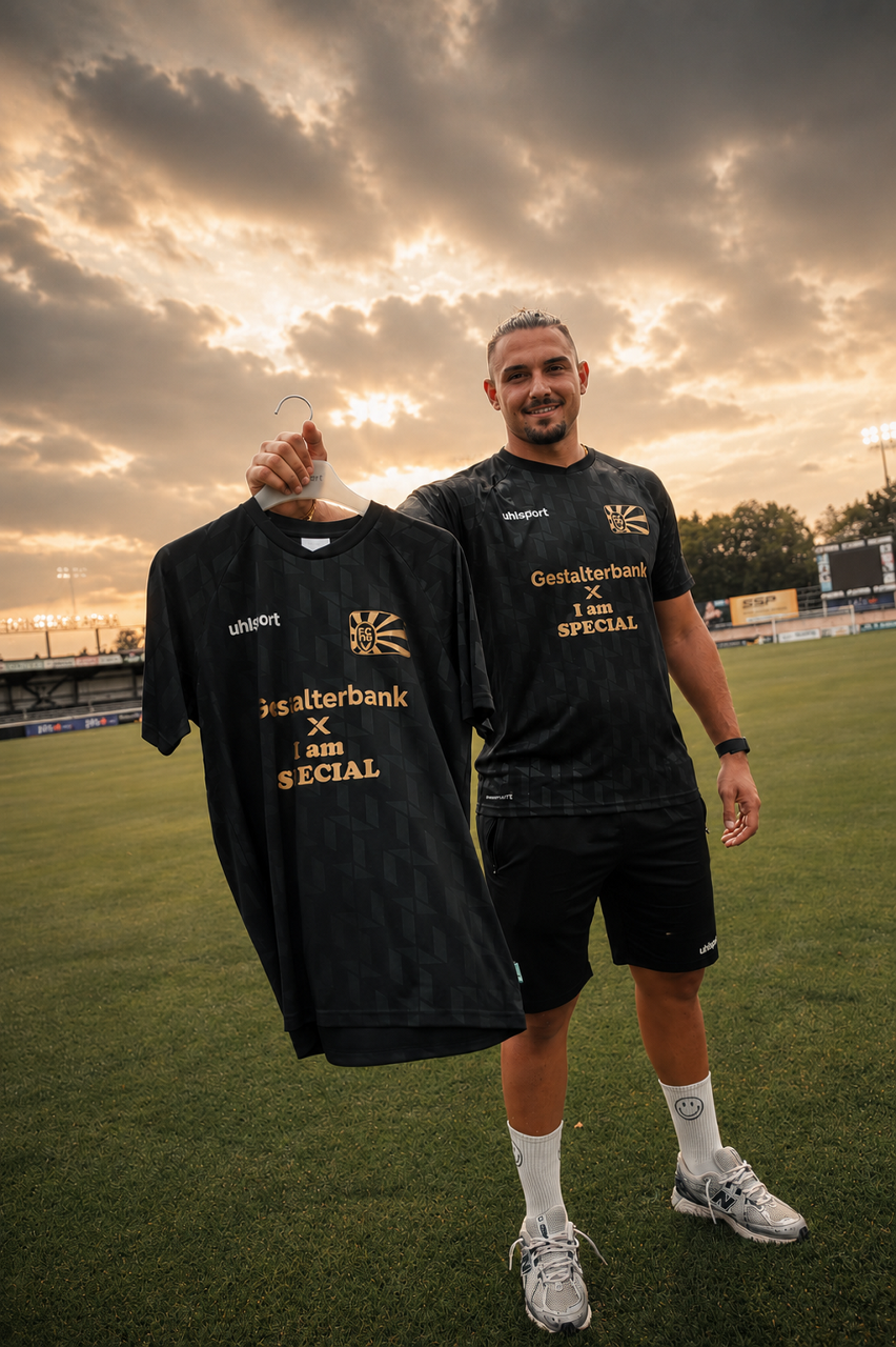Der Torhüter Andrea Hoxha zeigt das Matchday-Trikot