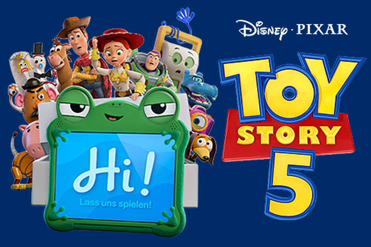 Gewinnspiel-Banner mit dem Logo und den Figuren aus dem Kinofilm Toy Story 5