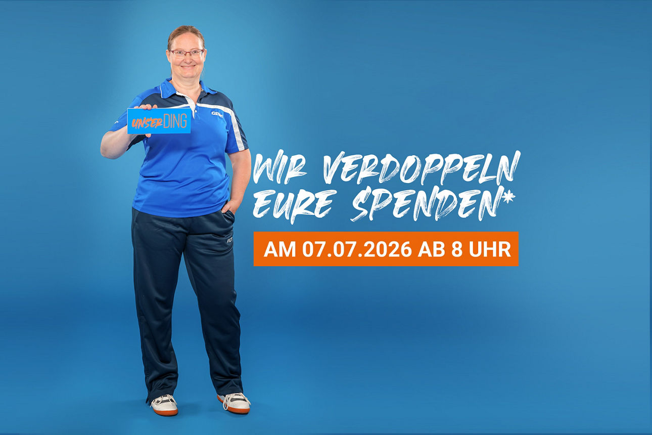Unser Ding Verdopplungstag am 07.0972026, ab 8 Uhr mit Schriftzug "Wir verdopplen eure Spende" und unsere Katrin im Sportlook