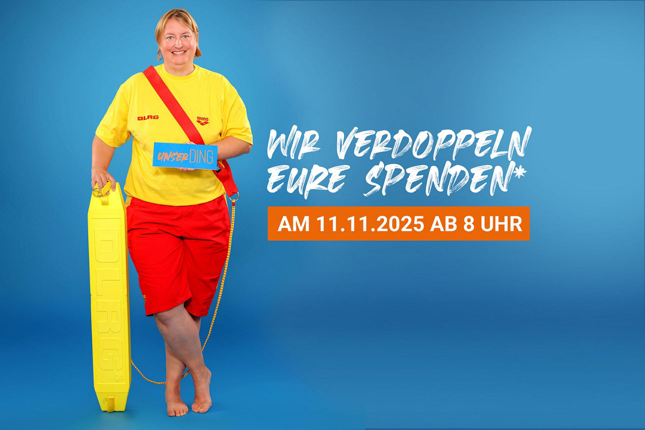 Unser Ding Verdopplungstag am 11.11.2025, ab 8 Uhr mit Schriftzug "Wir verdopplen unsere Spende" und DLRG-Frau