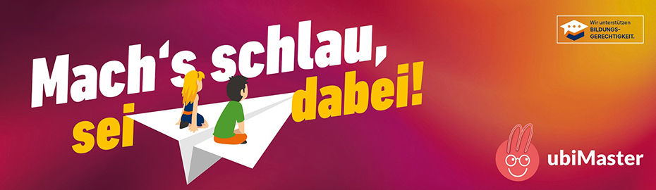 Zwei Kinder sitzen auf einem Papierflugzeug, das eine Reise des Lernens symbolisiert.