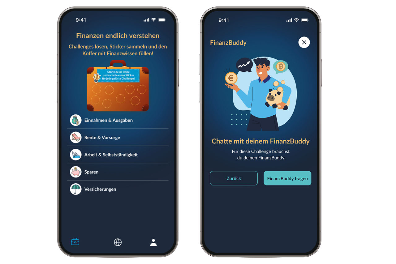 Zwei Ansichten auf dem Smartphone der ubiMaster FINANCE App