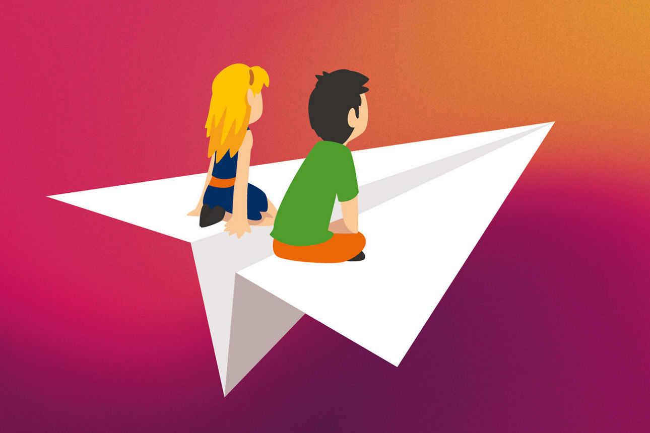 ubiMaster Logo: Zwei Kinder sitzen auf einem Papierflieger