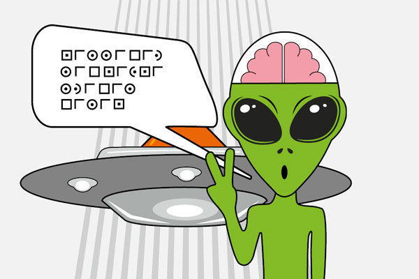 Alienfigur mit cyptischer Sprechblase