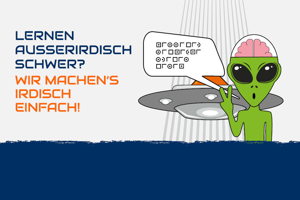 Alienfigur mit cyptischer Sprechblase