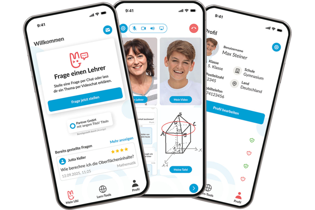 Fächer mit drei Screenshots der ubiMaster App auf Smarphones