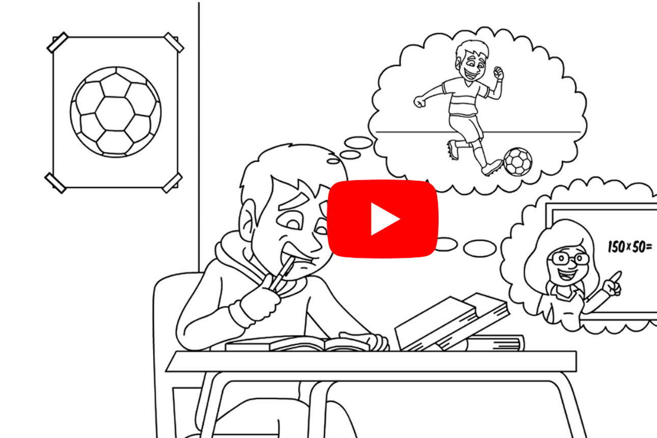 Anzeige Handy mit Grafik eines Jungen der über seinen Hausaufgaben brütet