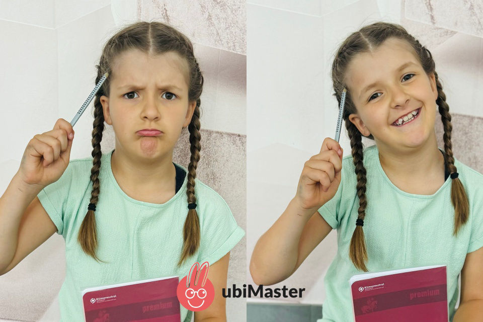 Schülerin mit Bleistift und Heft erst nachdenklich, dann kommt ihr eine Idee