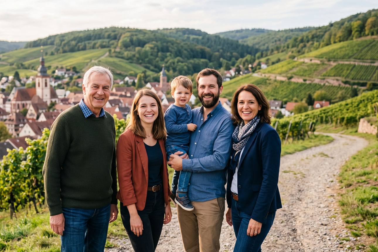 Familie vor Weinbergen in der Kurpfalz