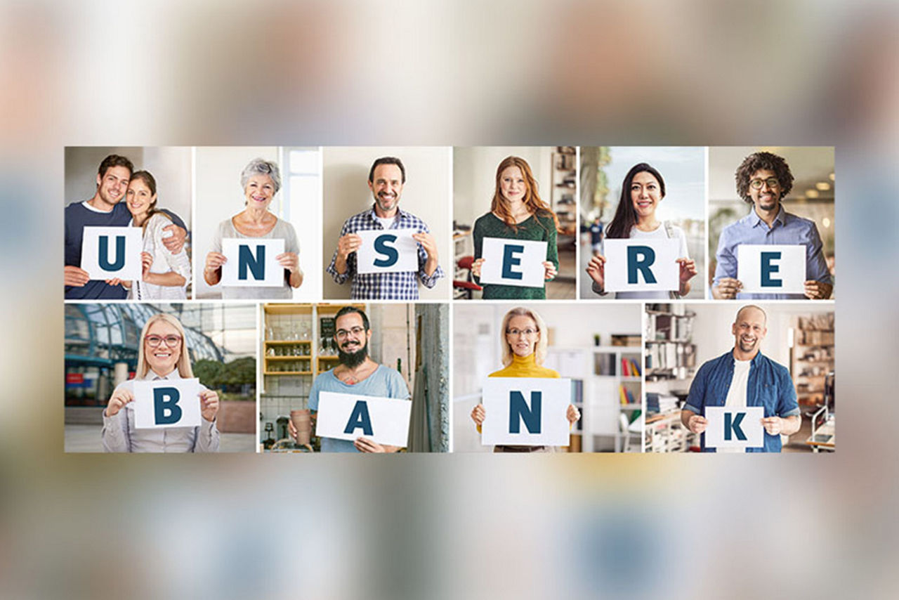 Collage von Menschen die jeweils einen Buchstaben in der Hand halten (UNSERE BANK)