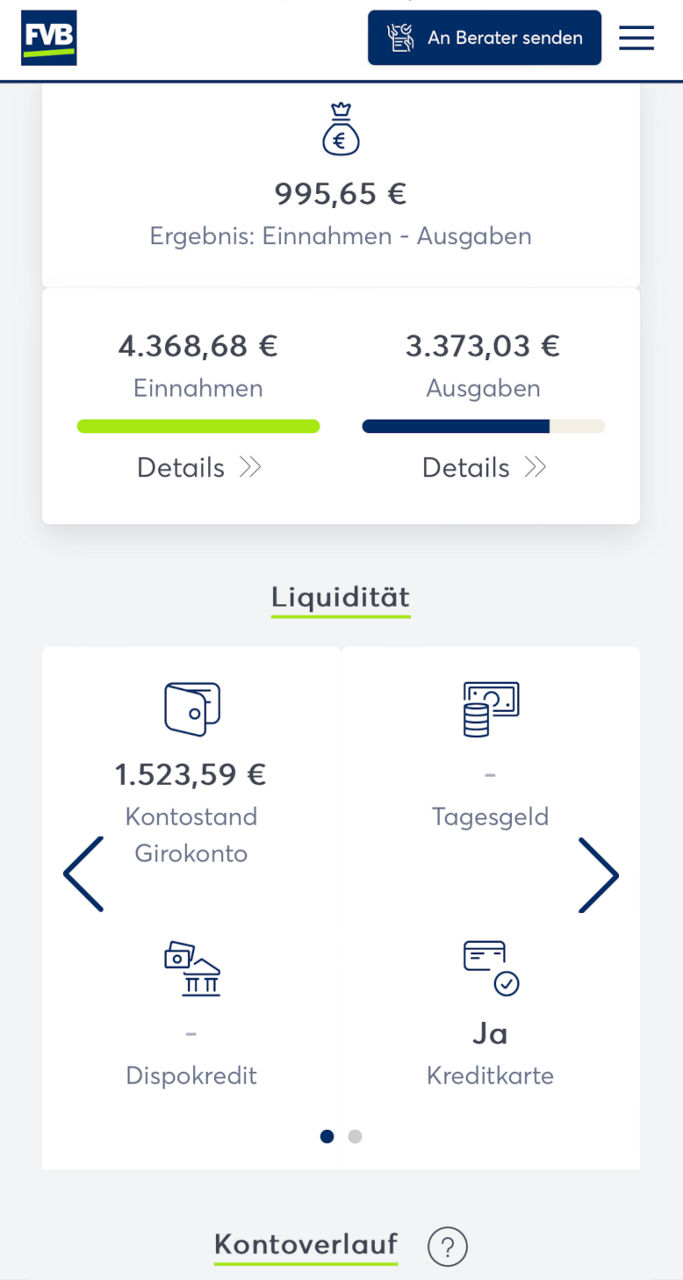 Finanzplaner Moneycheck Übersicht über alle Konten inklusive Einnahmen und Ausgaben