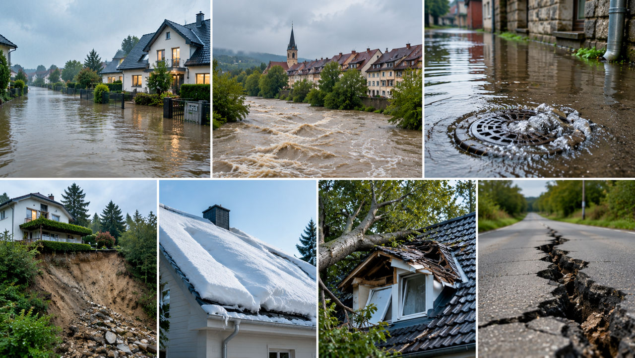 Collage verschiedener Elementarschäden wie Hochwasser.