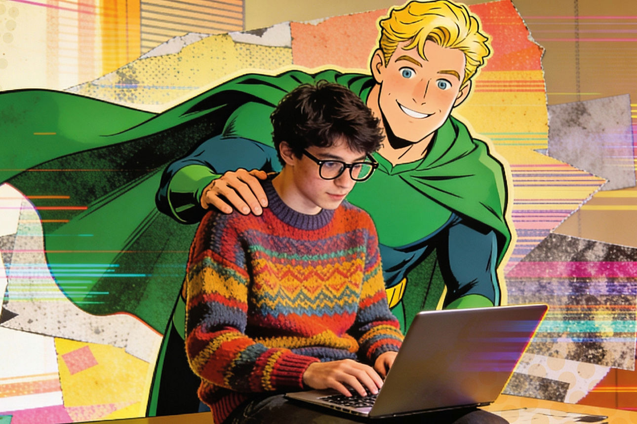 Ein Jugendlicher sitzt auf dem Schreibtisch und arbeitet am Laptop. Ein Superheld blickt ihm über die Schulter.l