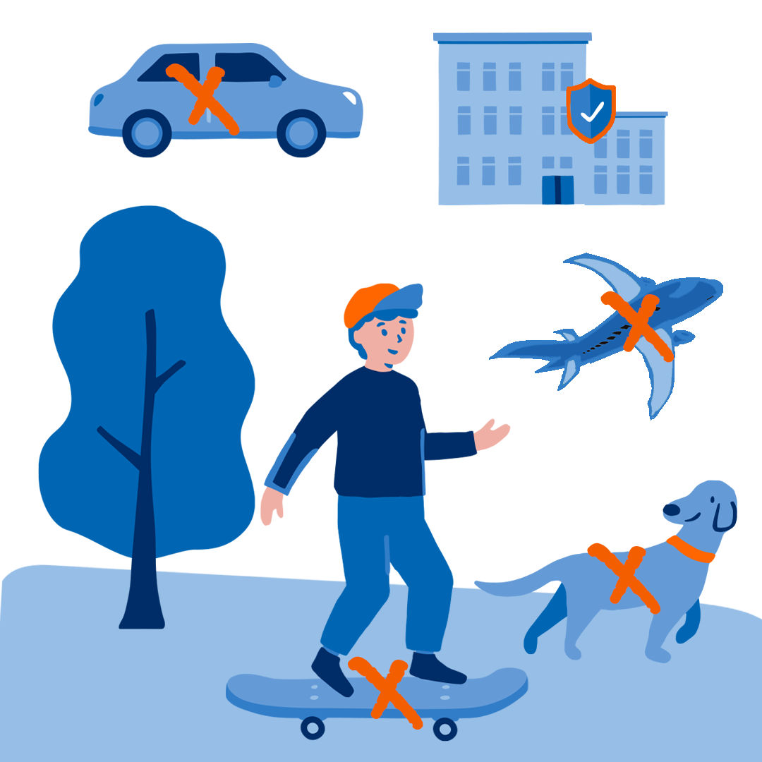 Illustration: Junge auf Skateboard mit orangenen X, um ihn herum Auto, Flugzeug und Hund mit einem X, Schulgebäude mit Schild