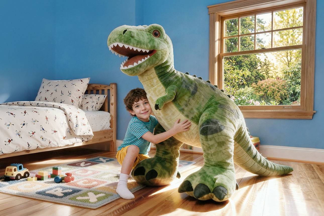 Minderjähriger Junge mit JuniorDepot lebt lebensgroßem Dinosaurier-Kuscheltier