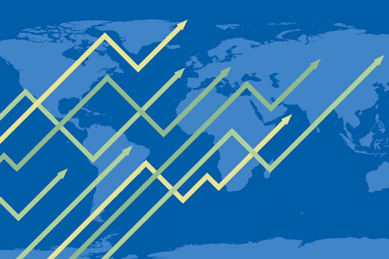 Grafik der Welt mit Pfeilen, die Fortschritt symbolisieren