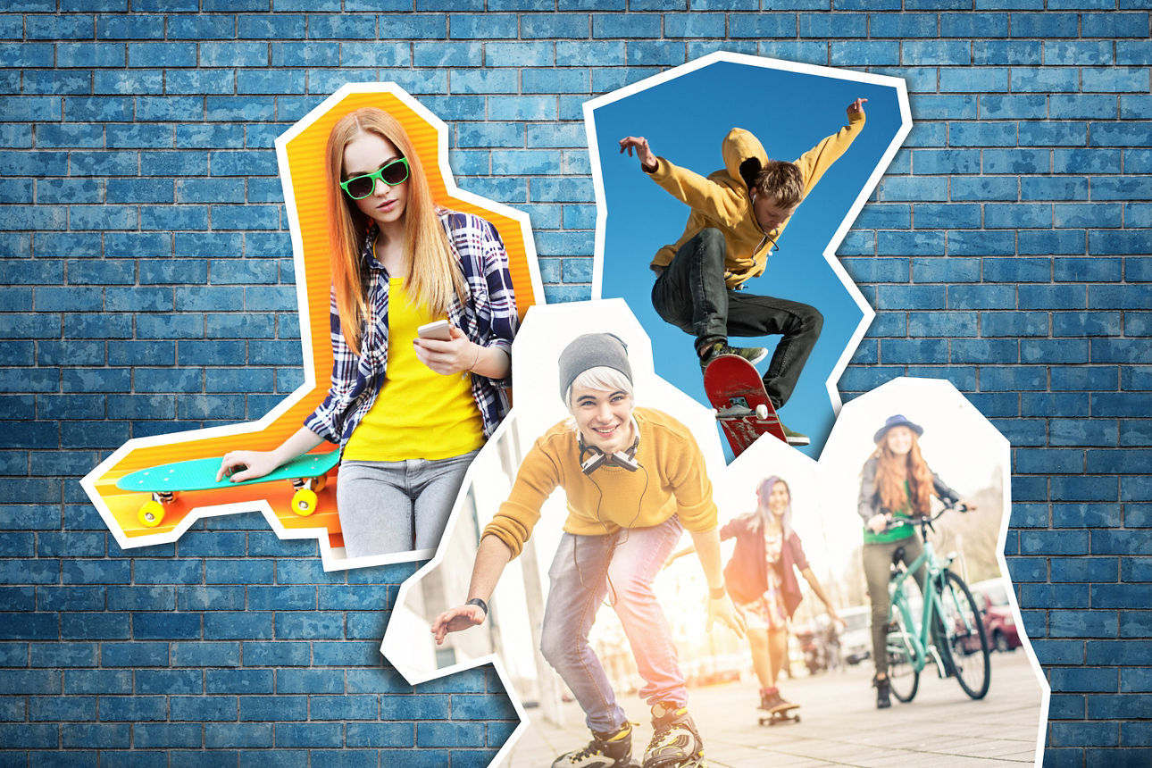 blaue Mauer im Hintergrund und 5 Jugendliche in Aktion mit Rad und Skateboard