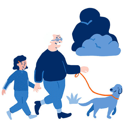 Illustration von einem Großvater und seiner Enkelin, die gemeinsam mit einem Hund spazieren gehen