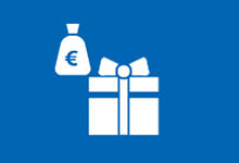 Ein Bild mit Icons: Ein Geschenk und ein Geldsack auf blauem Hintergrund
