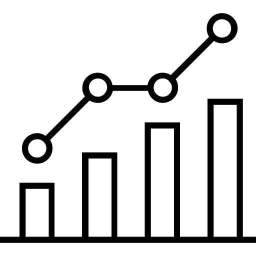 Symbolgrafik eines Balkendiagramms mit ansteigenden Balken und einer darüber verlaufenden Linie, die Wachstum oder positive Entwicklung darstellt