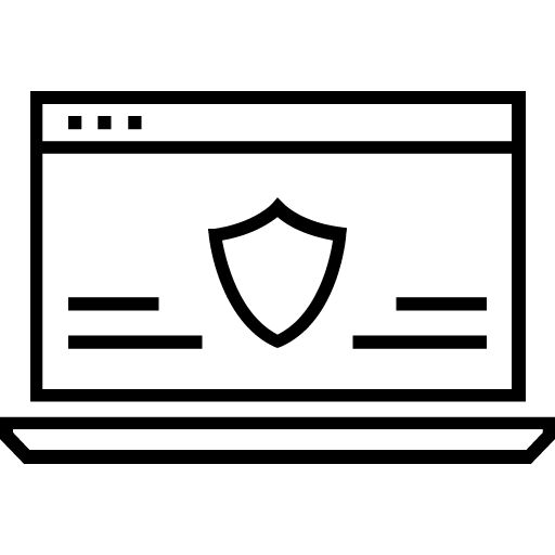 Symbolgrafik eines Laptops mit einem Schild auf dem Bildschirm, das IT-Sicherheit oder Datenschutz symbolisiert.