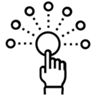 Symbolgrafik einer Hand, die auf einen zentralen Kreis tippt, von dem mehrere Linien zu kleineren Kreisen ausgehen – steht für Interaktivität oder Vernetzung.