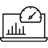 Symbolgrafik eines Laptops mit einem Dashboard, auf dem ein Tacho und Balkendiagramme zu sehen sind, was für Leistungsüberwachung oder Analyse steht.