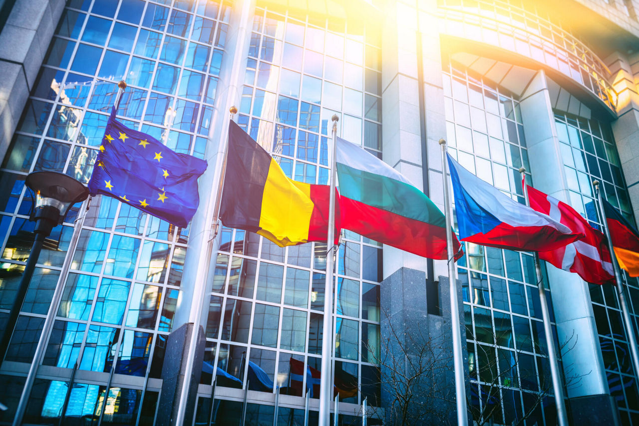 Verschiedende europäische Fahnen vor dem Europaparlament in Brüssel.