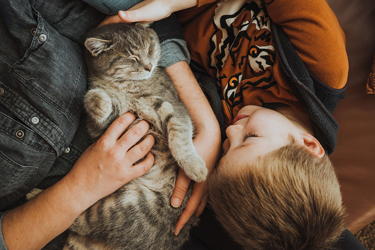 Vater und Sohn kraulen den überglücklichen Familienhund