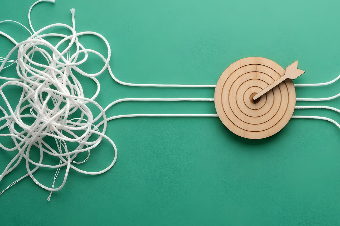 Tangled String Passing Through Wooden Target and Turning into Straight Lines with Checkmarks 