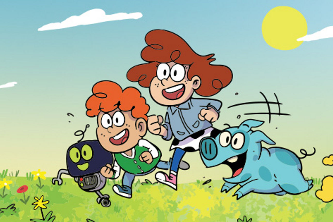 Vier Comicfiguren - Ein Roboter, ein blaues Schwein und zwei Kinder