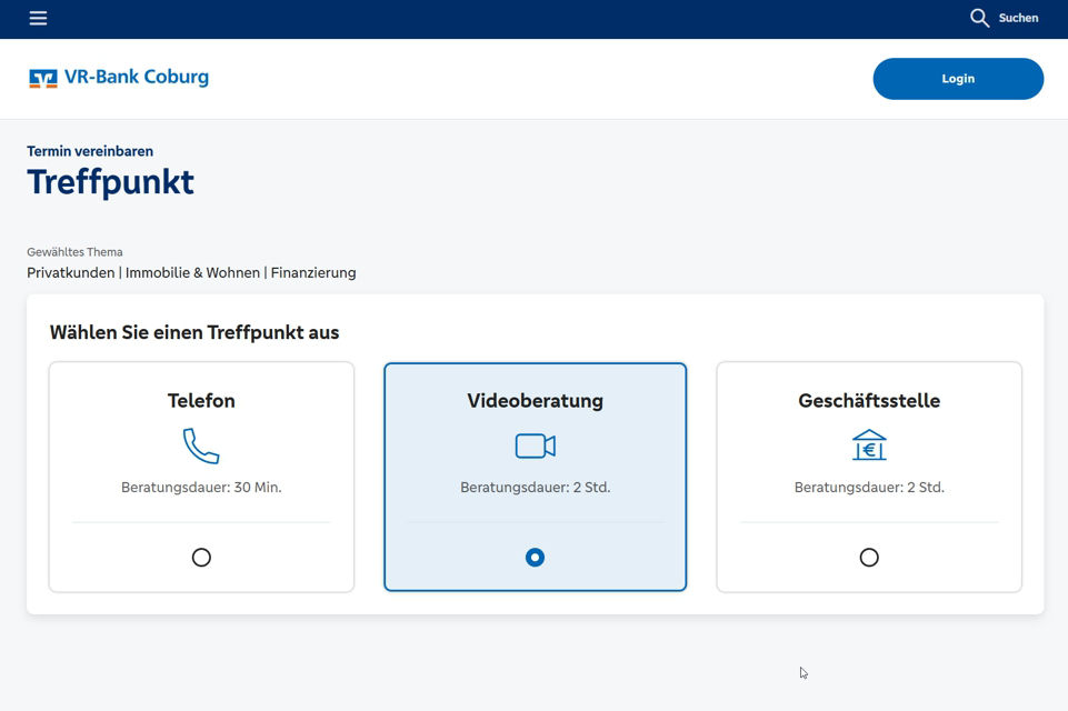 Auswahl der Treffpunktes "Videoberatung" in der Terminvereinbarung online