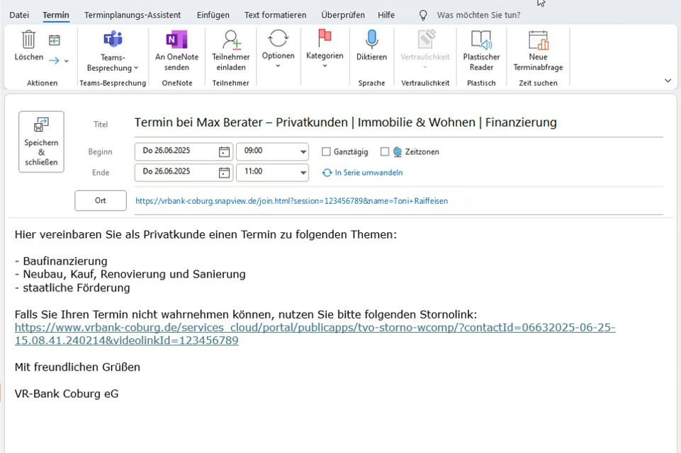 Screenshot eines Kalendereintrags