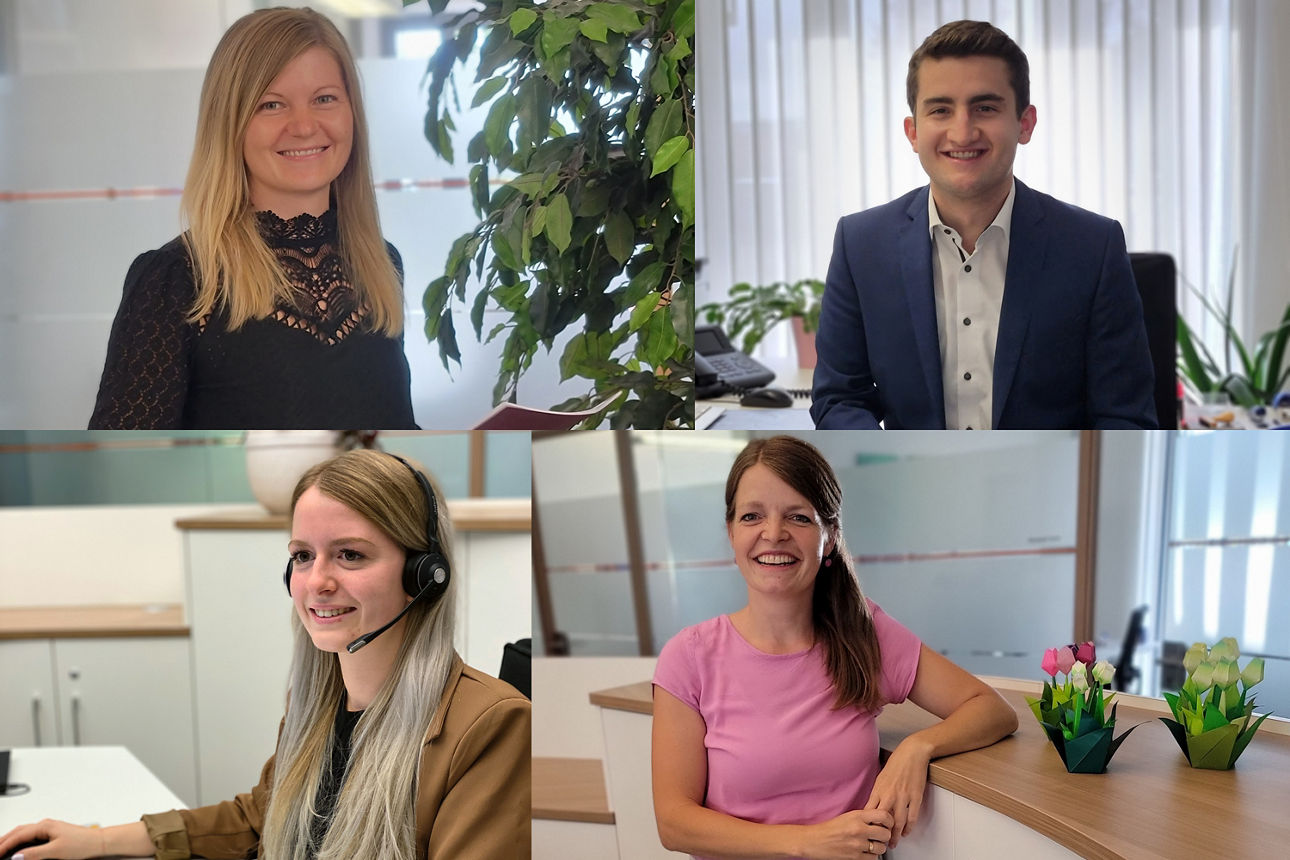 Collage mit vier Mitarbeitenden im Büro, Portraits aus Beratung und Kundenservice im Arbeitsalltag