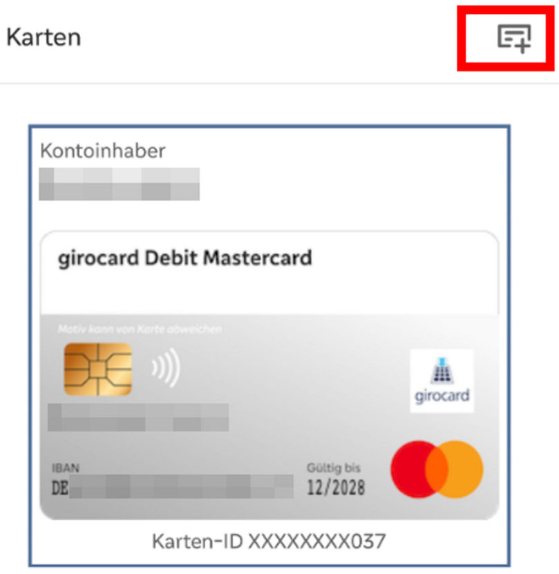 Screenshot der Banking App: Virtuelle Karte hinzufügen