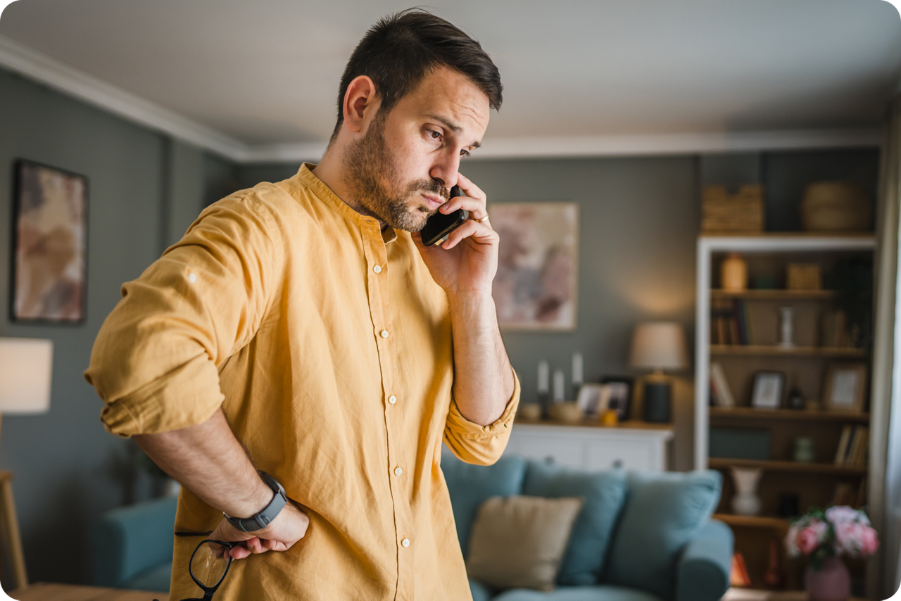 Person telefoniert nachdenklich im Wohnzimmer und hält eine Brille in der Hand.