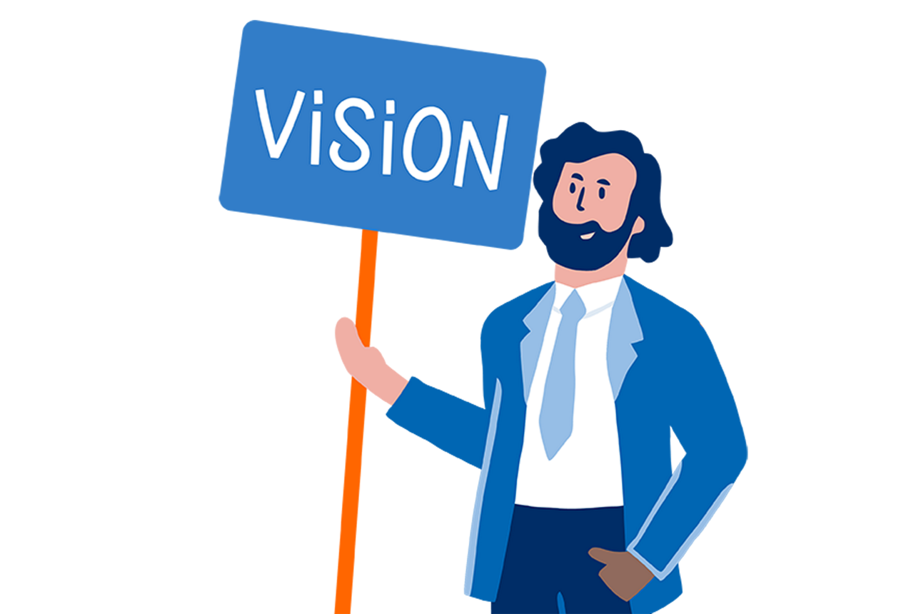 Grafische Darstellung von einem Mann, der ein Schild in der Hand hält mit dem Wort Vision