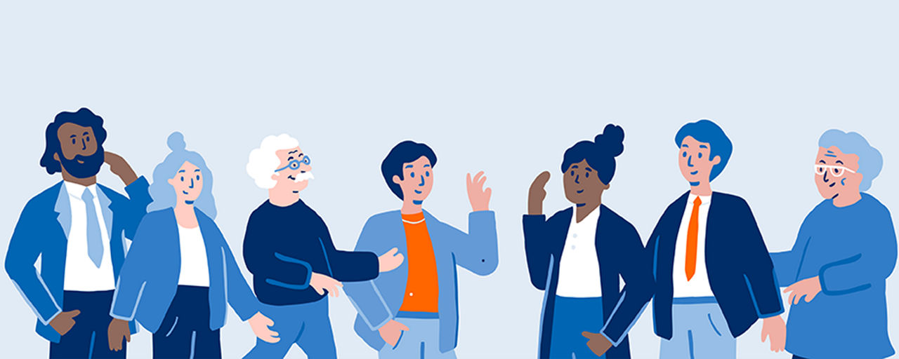 Illustration einer Menschengruppe unterschiedlichen Geschlechts und Alters