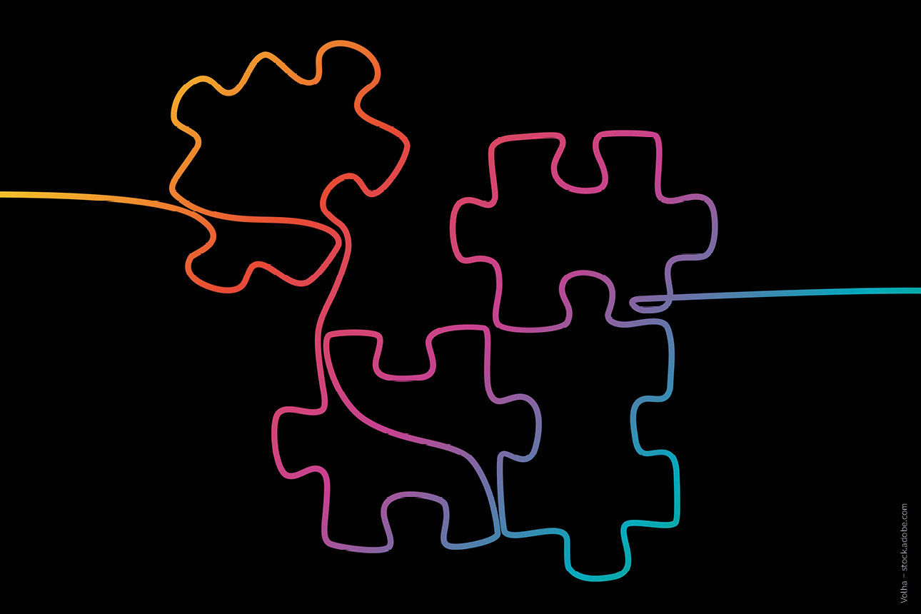 vier Puzzelstücke in Linienform auf schwarzem Hintergrund