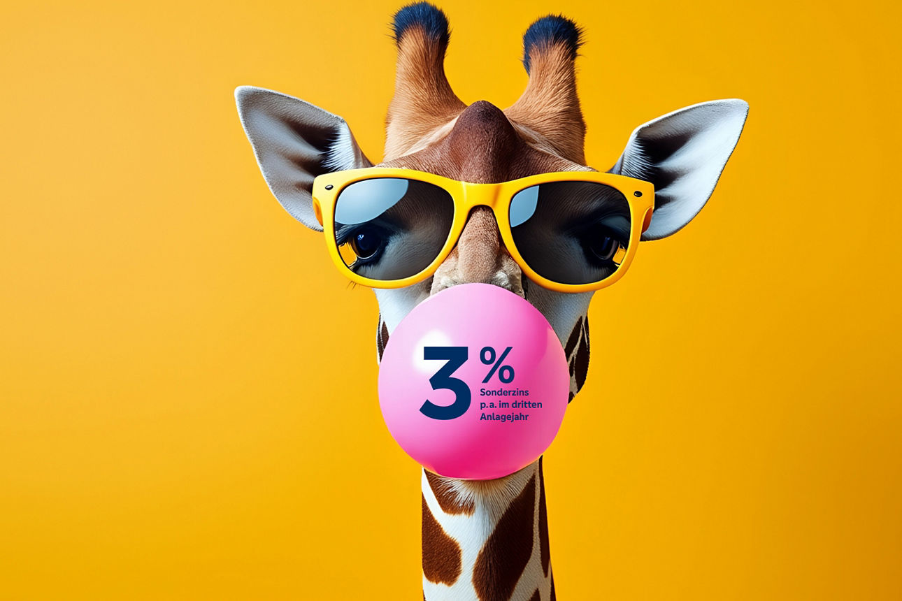 Giraffe mit Kaugummi und Text "3% Sonderzins p.a. im dritten Anlagejahr" 