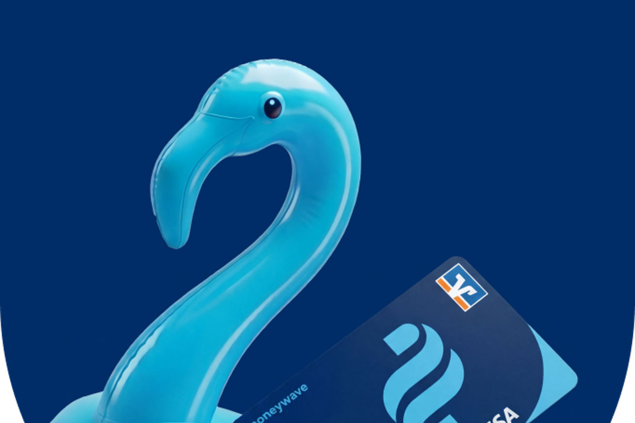 Flamingo-Schwimmreifen mit einer moneywave Debitcard