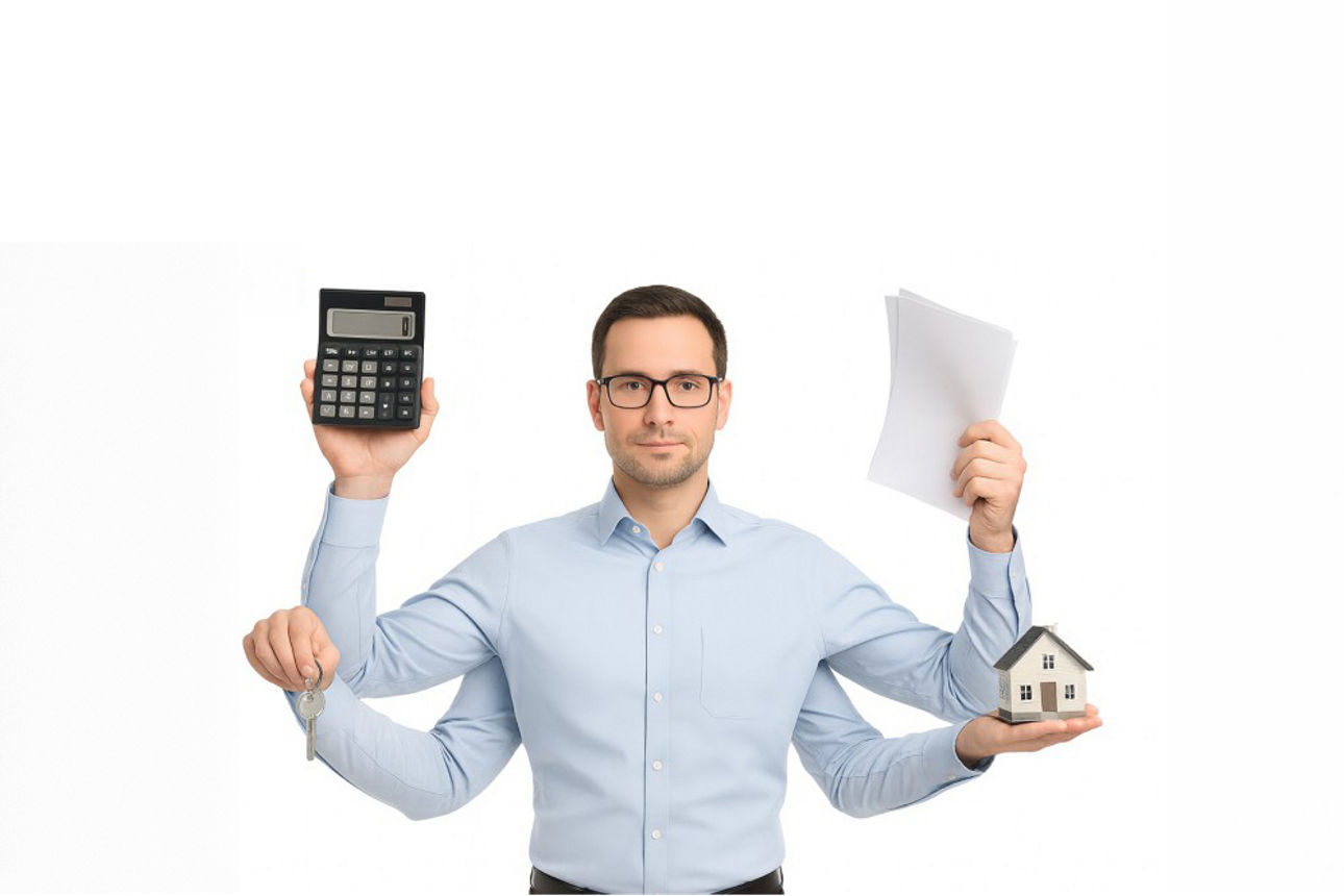 Mann mit mehreren Armen hält Taschenrechner, Dokument, Hausmodell und Schlüssel als Symbol für Finanz- und Immobilienmanageme