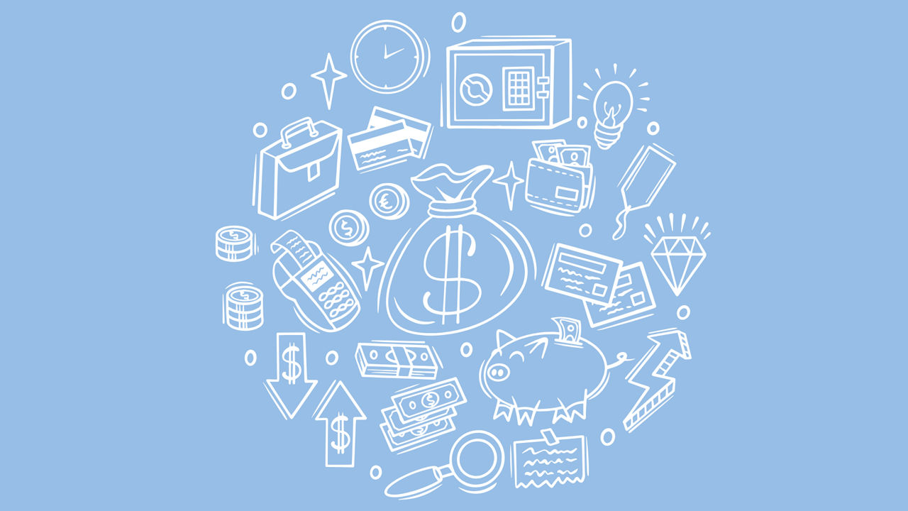Moderne Icons die zu einer Wolke gebündelt sind auf hellblauem Hintergrund. Es dreht sich alles um das Thema Finanzen.