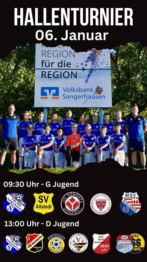 Fußballposter mit einer Kindermannschaft, die der Kamera zugewandt ist, und den Logos der Fußballmannschaft