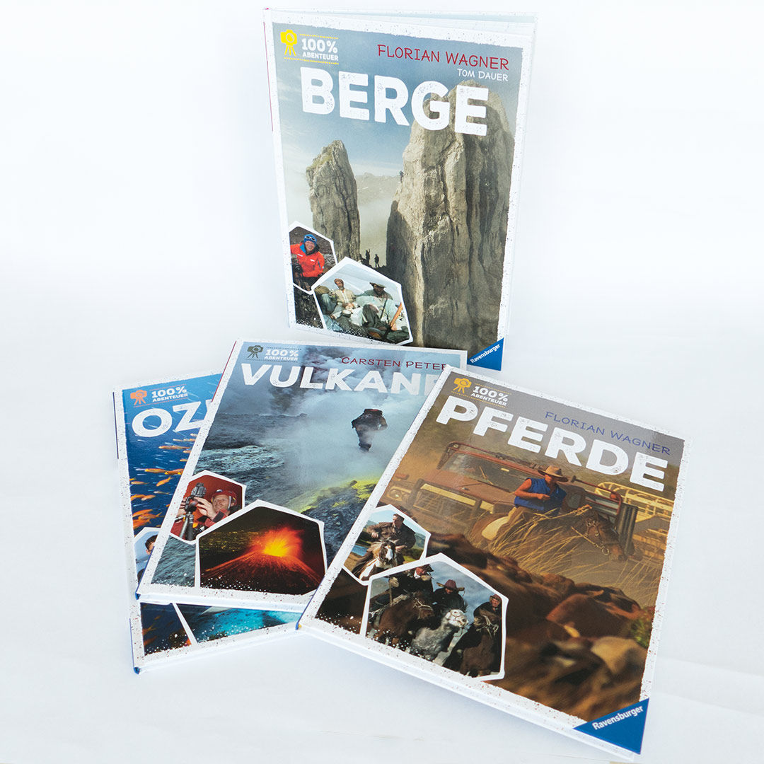 Abbildung Ravensburger Wissensbücher „Berge“, „Pferde“, „Ozean“, „Vulkane“
