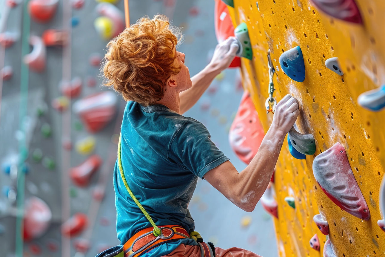 A person with reddish hair is engaged in indoor rock climbing, closely focused on finding the next hold on a colorful wall dotted with various grips and footholds.