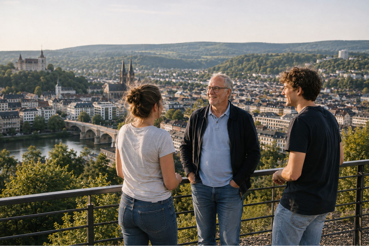 Drei Personen stehen auf einem Platot und schauen über Marburg