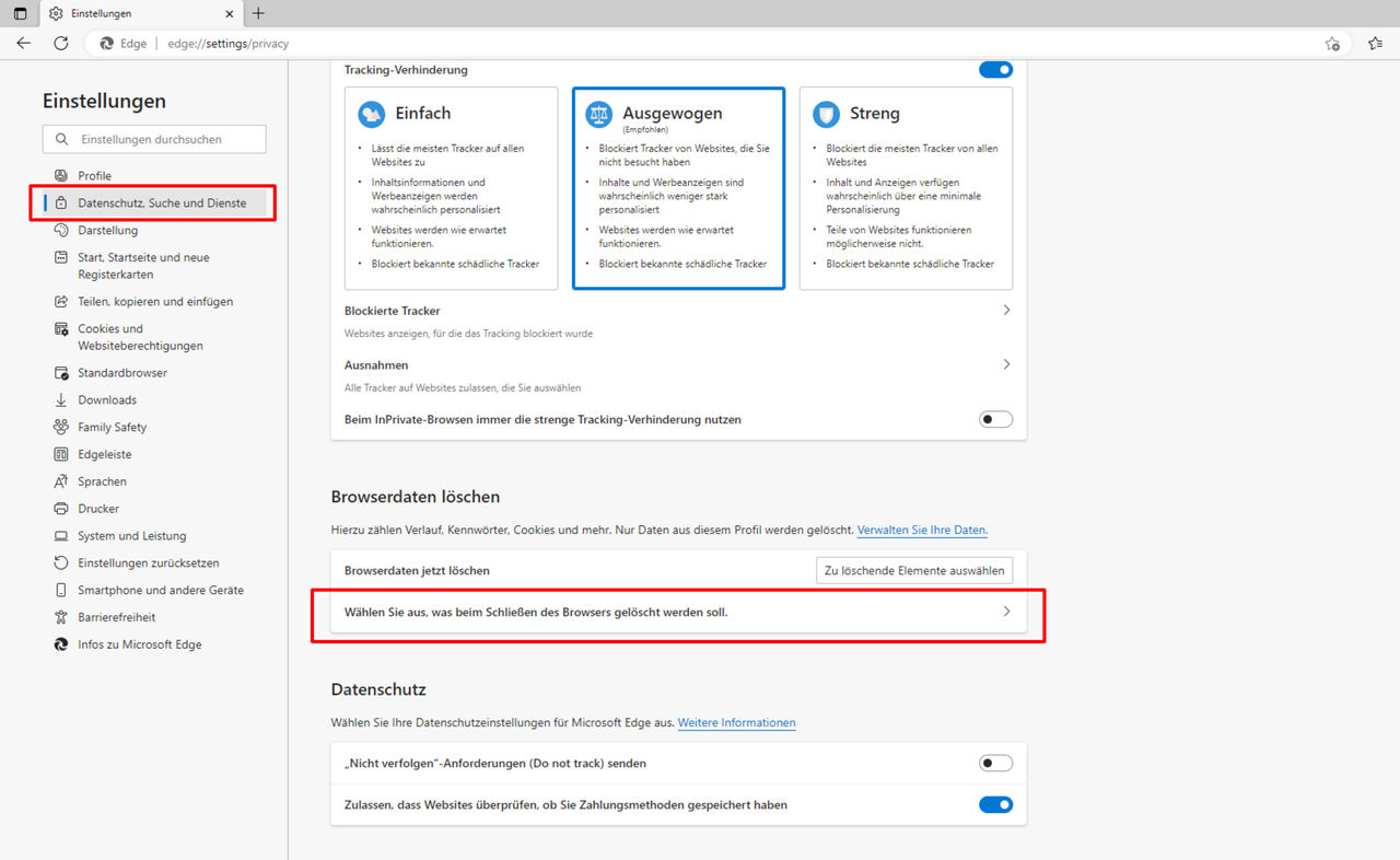 Screenshot der Einstellungen